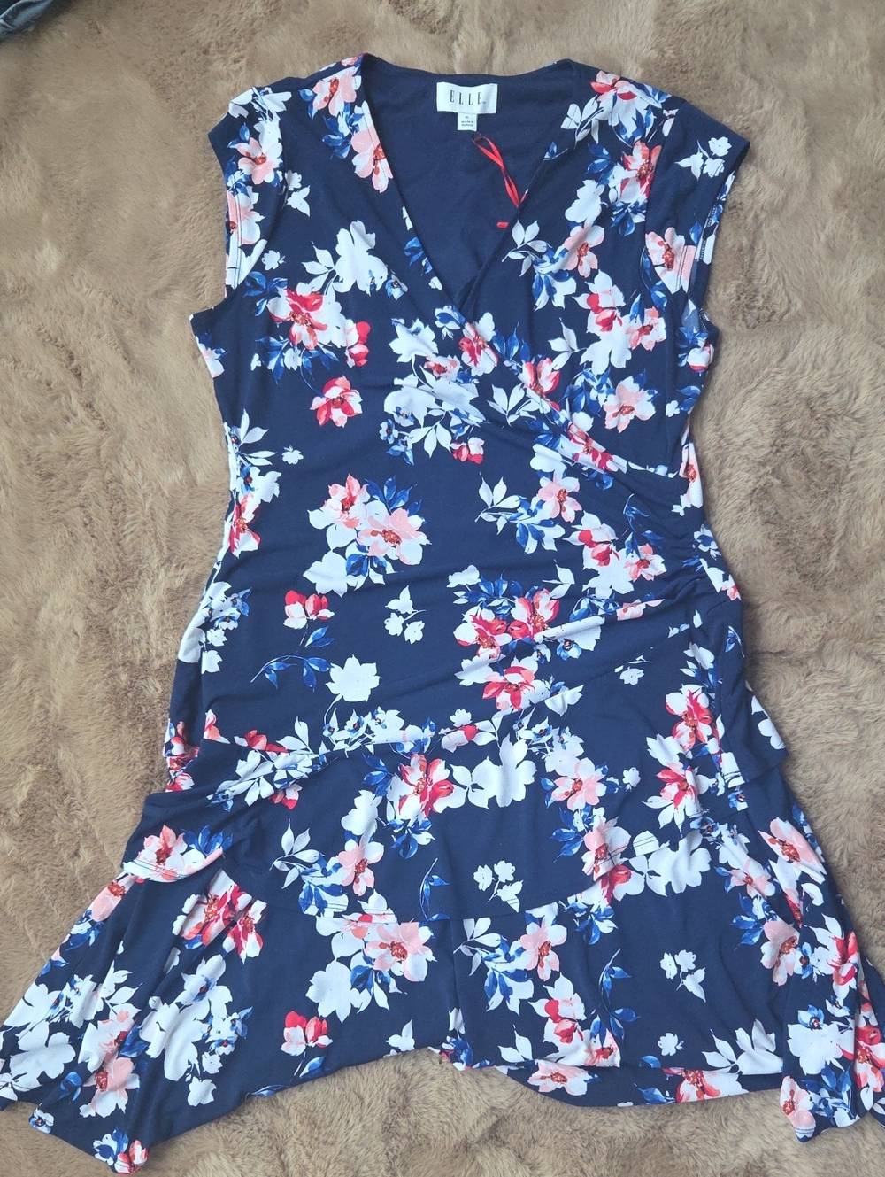 ELLE Navy Blue Floral Faux-Wrap Midi Dress